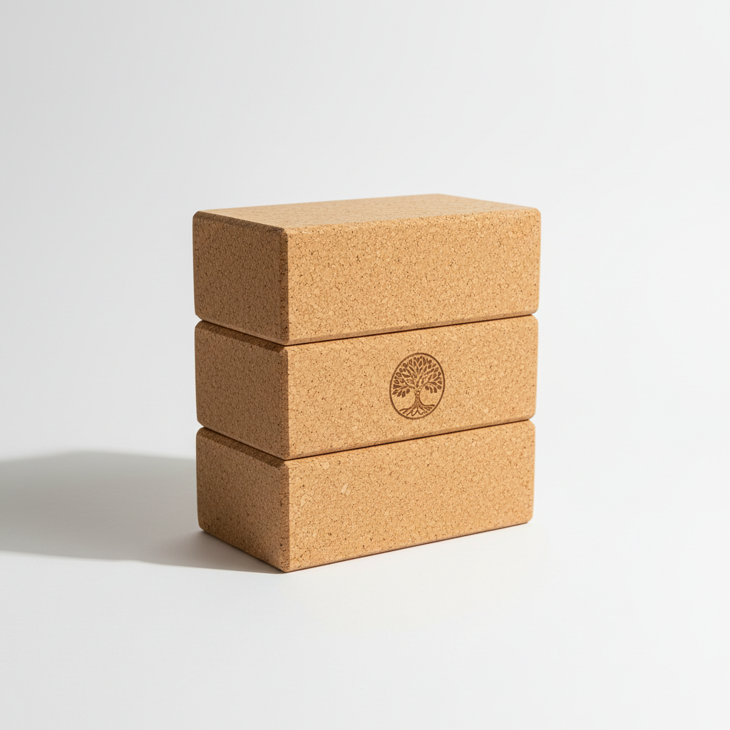 Set of two natural cork yoga blocks stacked on white background